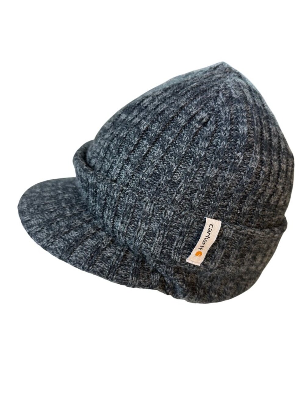 Carhartt Grey Ribbed Knit Visor Beanie Hat Fleece Lined Brimmed Skull Cap EUC